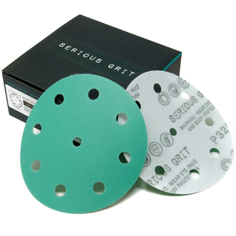 Serious Grit 5-inch 9-hole 320-grit disc ready for wood, metal, and painted surfaces.