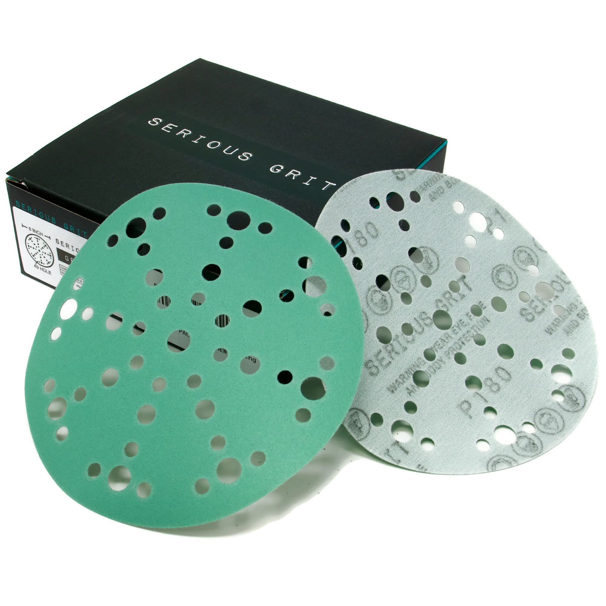Serious Grit 6in 49-hole 180-grit disc on Festool sander delivering a smooth finish.