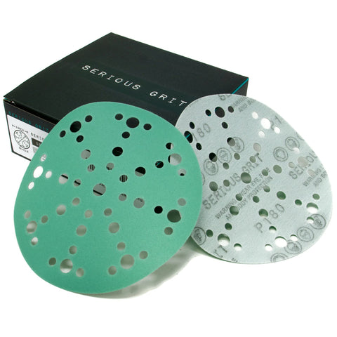 Serious Grit 6in 49-hole 180-grit disc on Festool sander delivering a smooth finish.