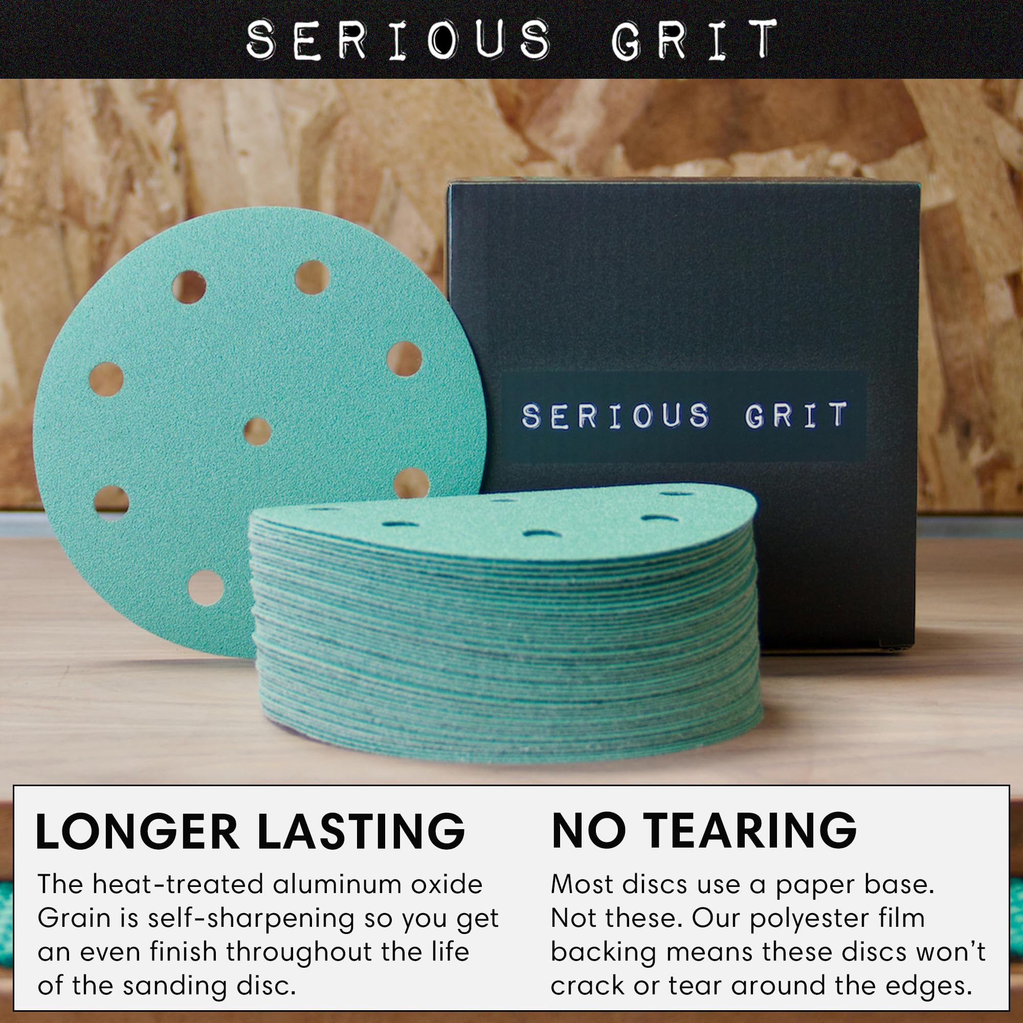 Serious Grit film-backed disc closeup highlighting durable heat dissipation for smooth finishes.