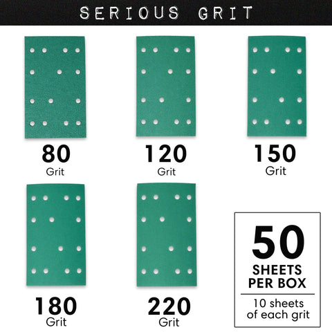 Serious Grit sanding sheets in use on a wood surface for a smooth finish.
