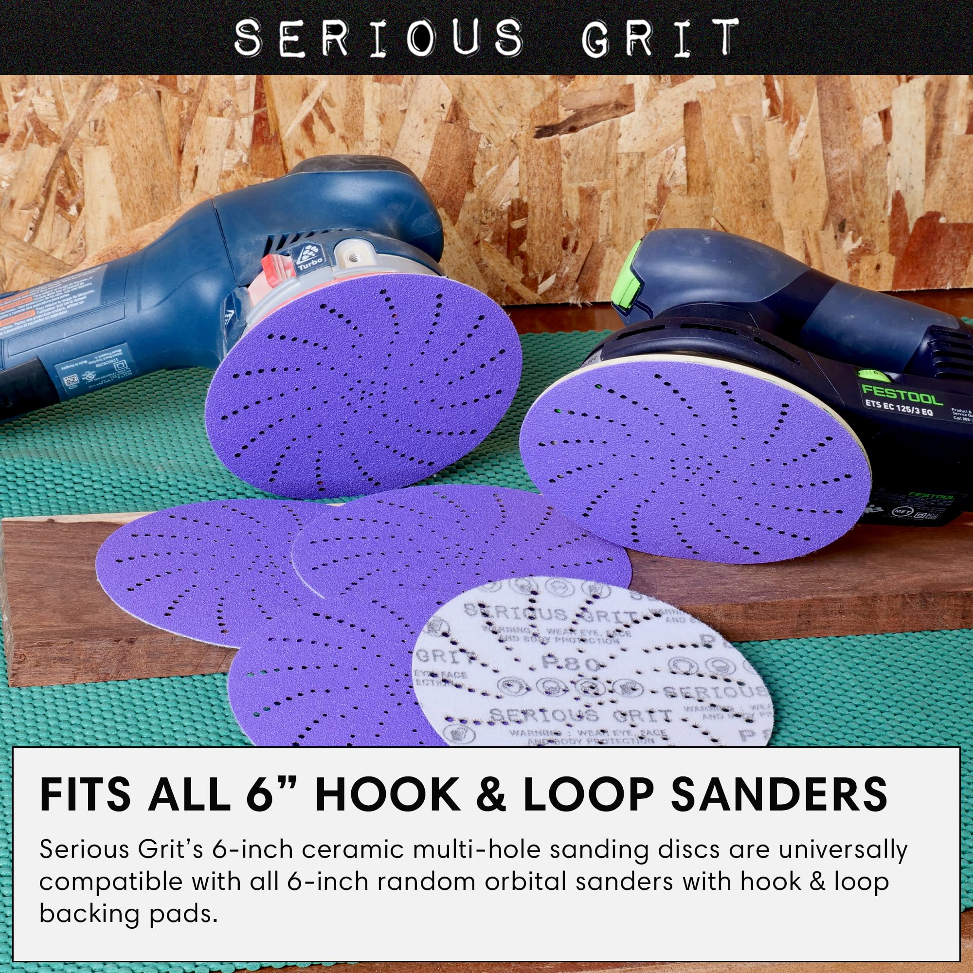 Serious Grit disc showing universal multi-hole pattern for dust extraction