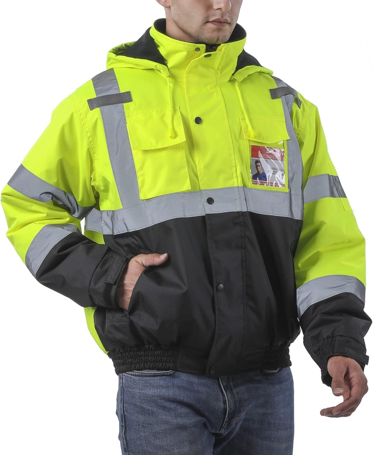 sesafety reflective jacket for men front view with practical pockets for tools