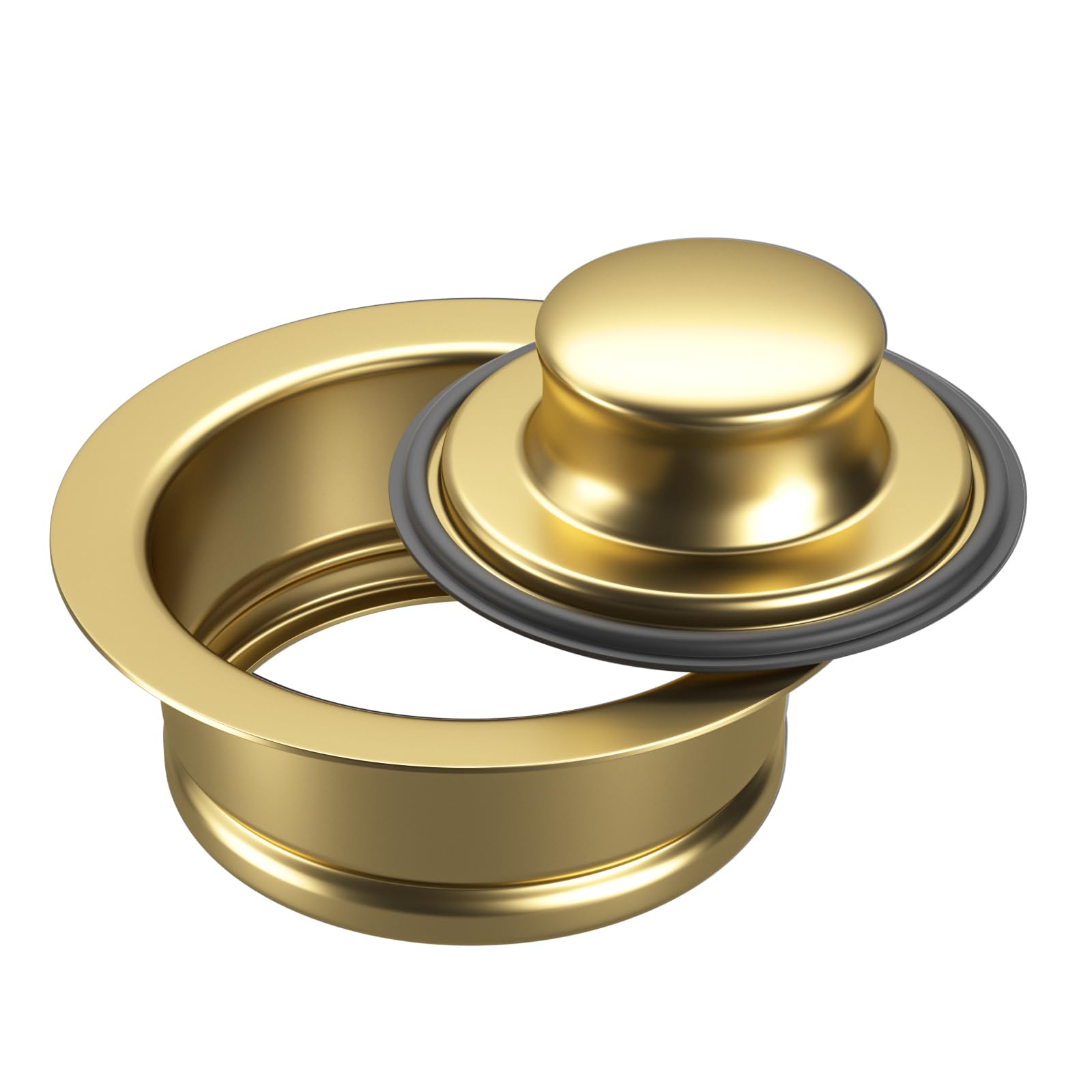 SettleDown gold garbage disposal flange close-up shows durable stainless steel construction.