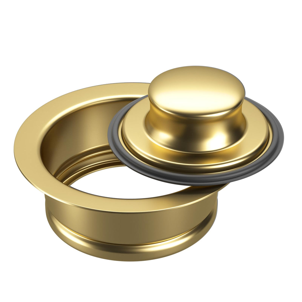 SettleDown gold garbage disposal flange close-up shows durable stainless steel construction.