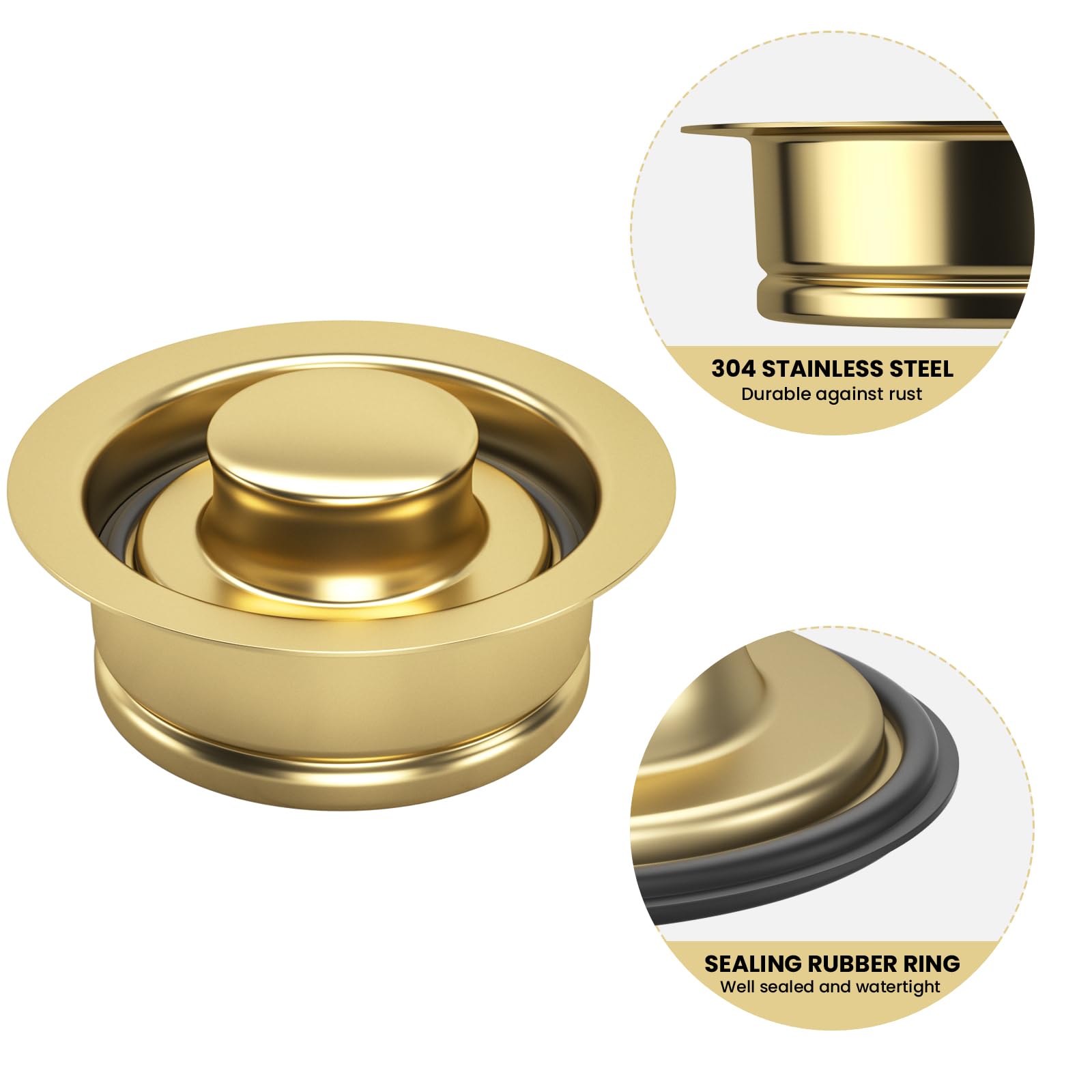 SettleDown universal-fit gold flange close-up indicates broad compatibility with standard drains.