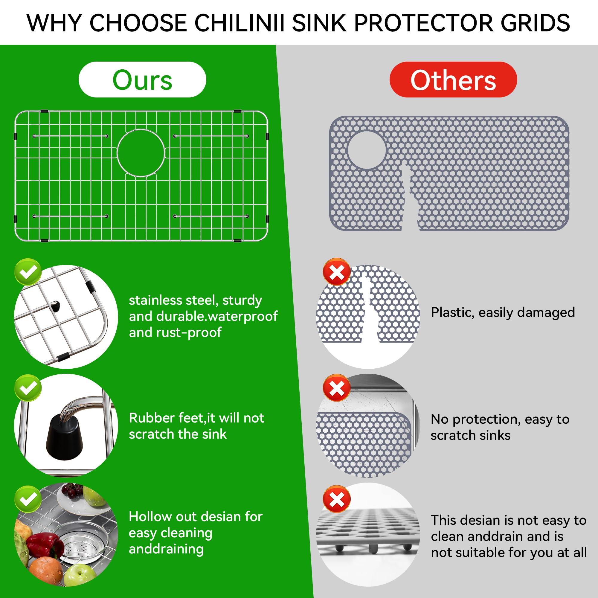 SettleDown stainless steel kitchen grid emphasizes durable construction for daily use