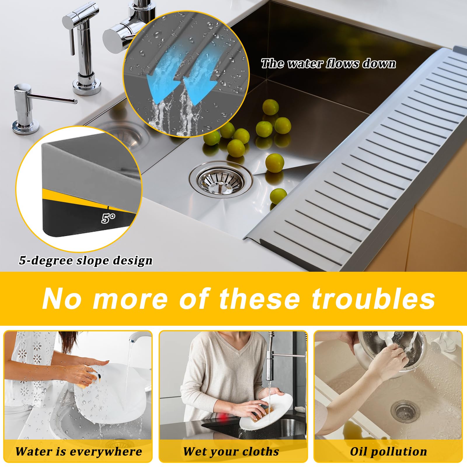 Sevflow Kitlers splash guard demonstrates drainage to keep counters dry