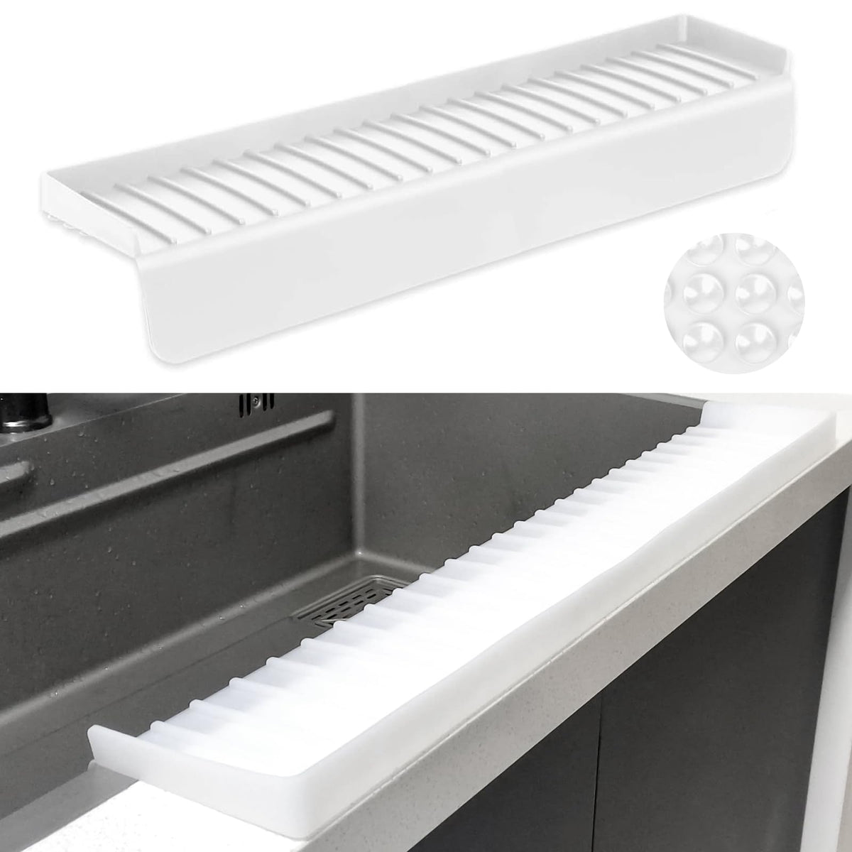 Sevflow silicone sink edge protector along a clear counter edge for granite and quartz protection
