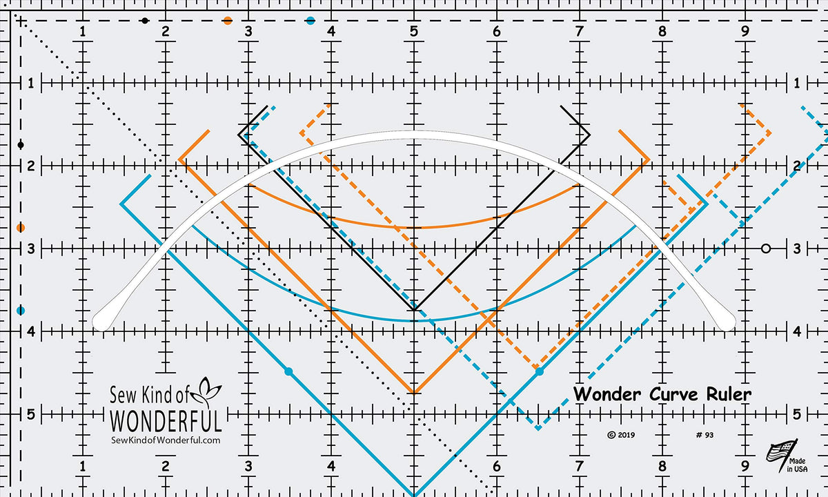Sew Kind of Wonderful Wonder Curve Ruler with curved edge and color lines for precise cuts.