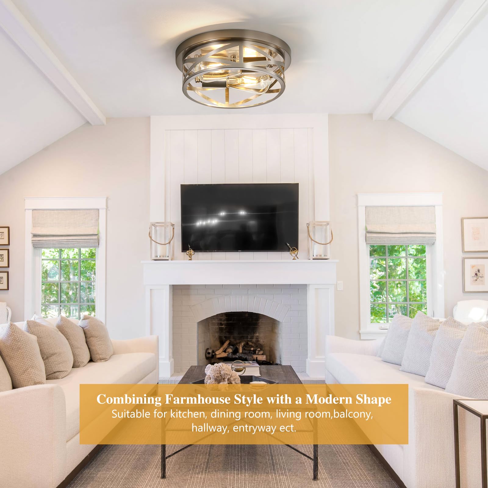 Sewterolyn flush-mount 2-light living room fixture enhances seating area with bright, even light