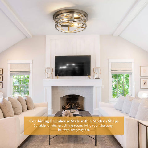Sewterolyn flush-mount 2-light living room fixture enhances seating area with bright, even light