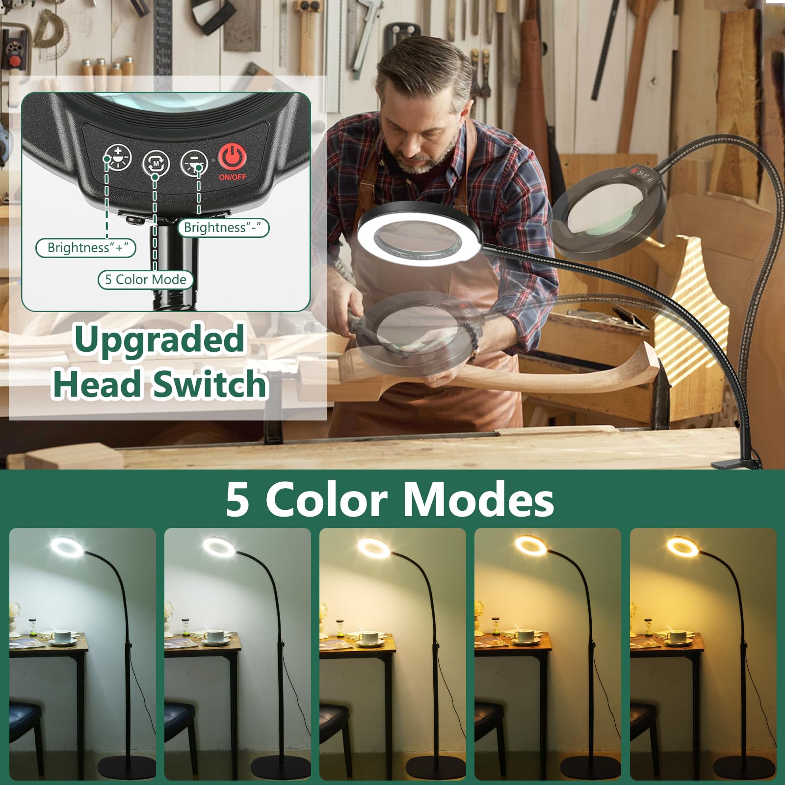 Seylae lamp showing five color modes and dimming for precise illumination
