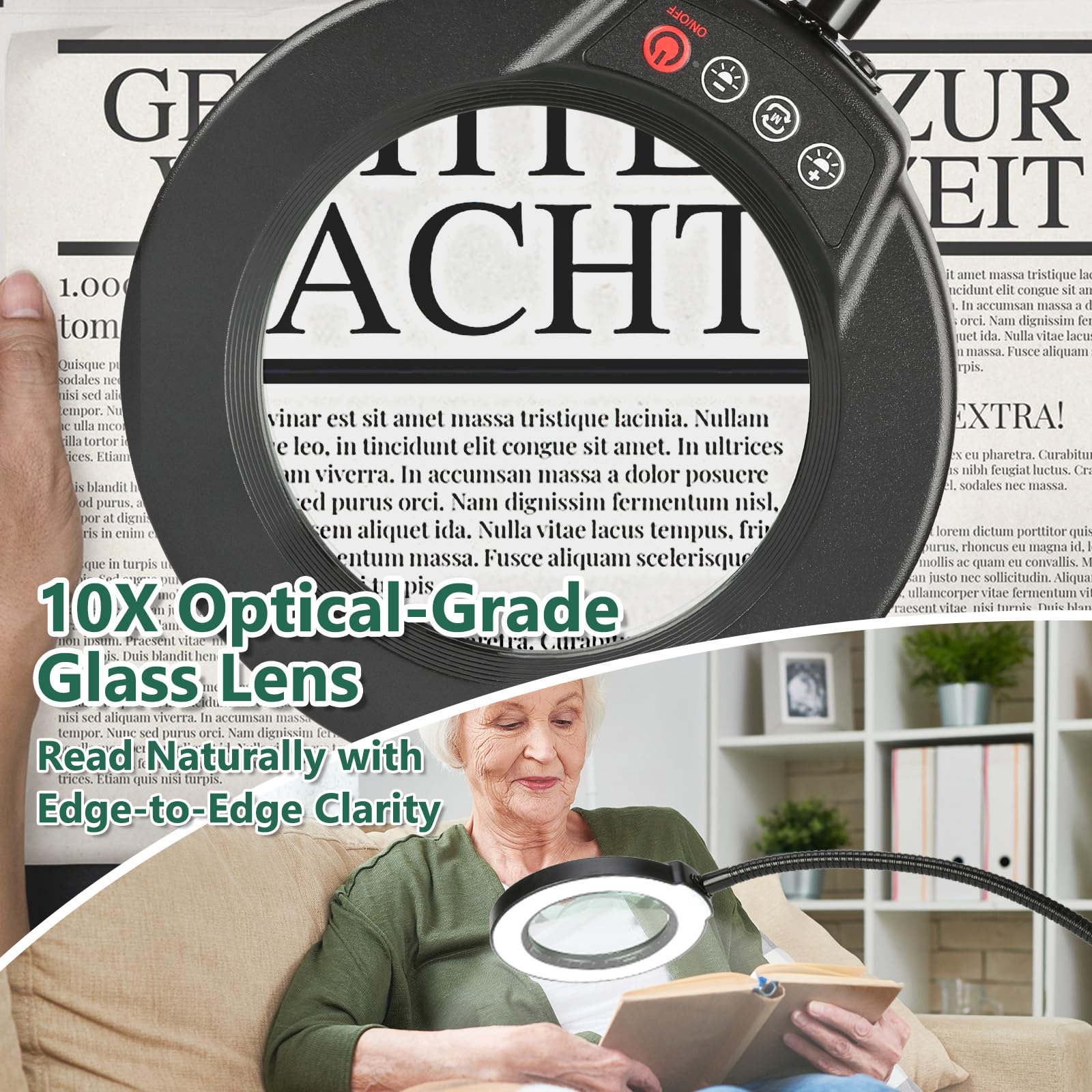 Seylae magnifier lamp with integrated lamp head controls for easy adjustments