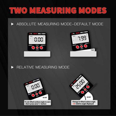 Backlit display and hold function for easy angle checks in dim spaces.
