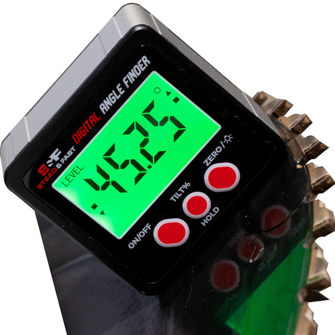 S&F Stead & Fast digital angle finder with backlight for precise woodworking readings.