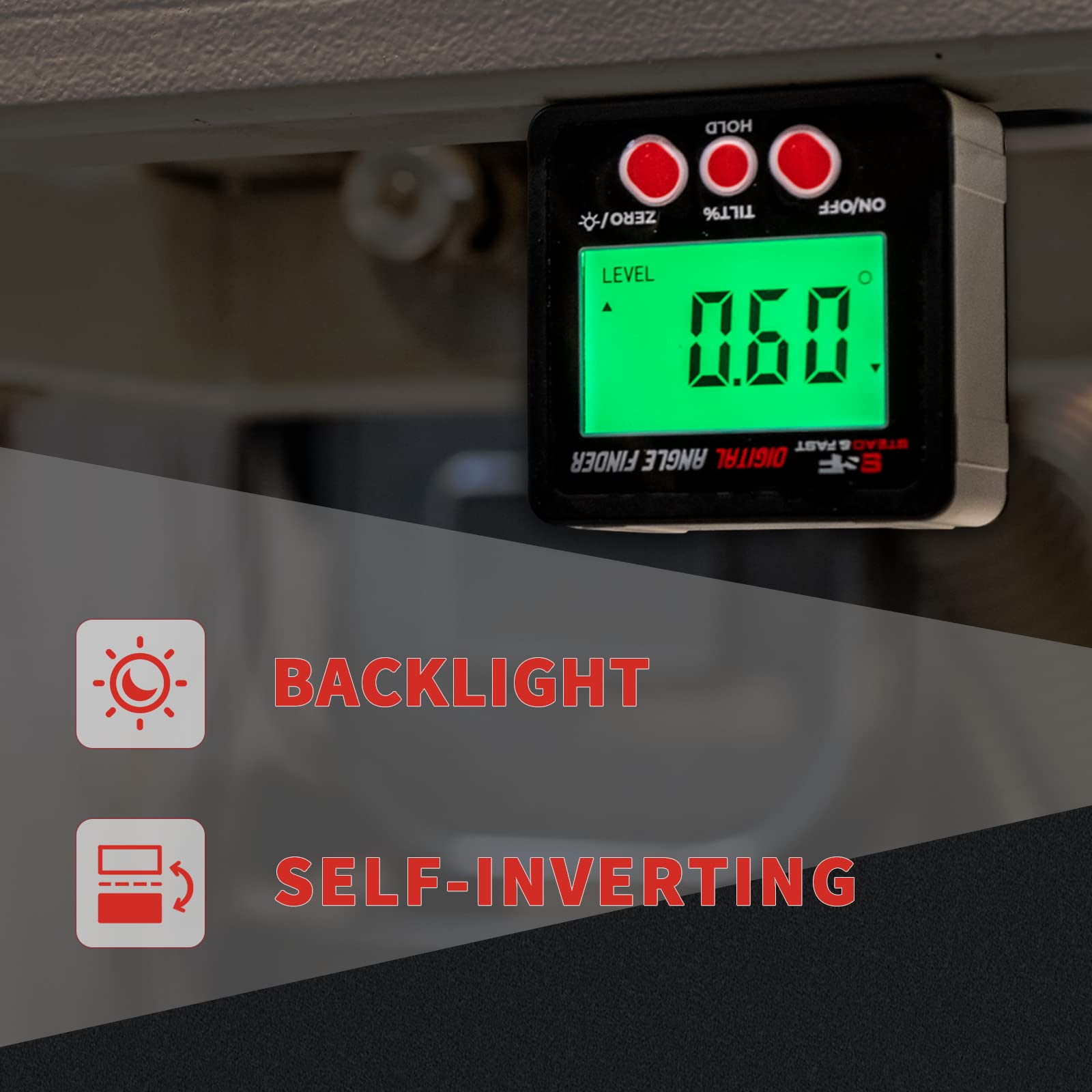 Stead & Fast inclinometer shows absolute and relative angles in degrees or percent.