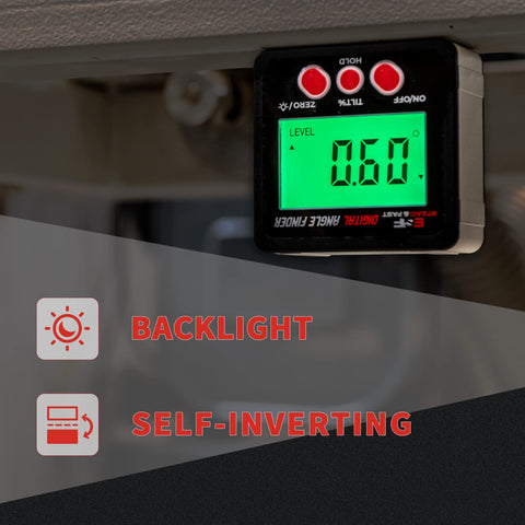 Stead & Fast inclinometer shows absolute and relative angles in degrees or percent.