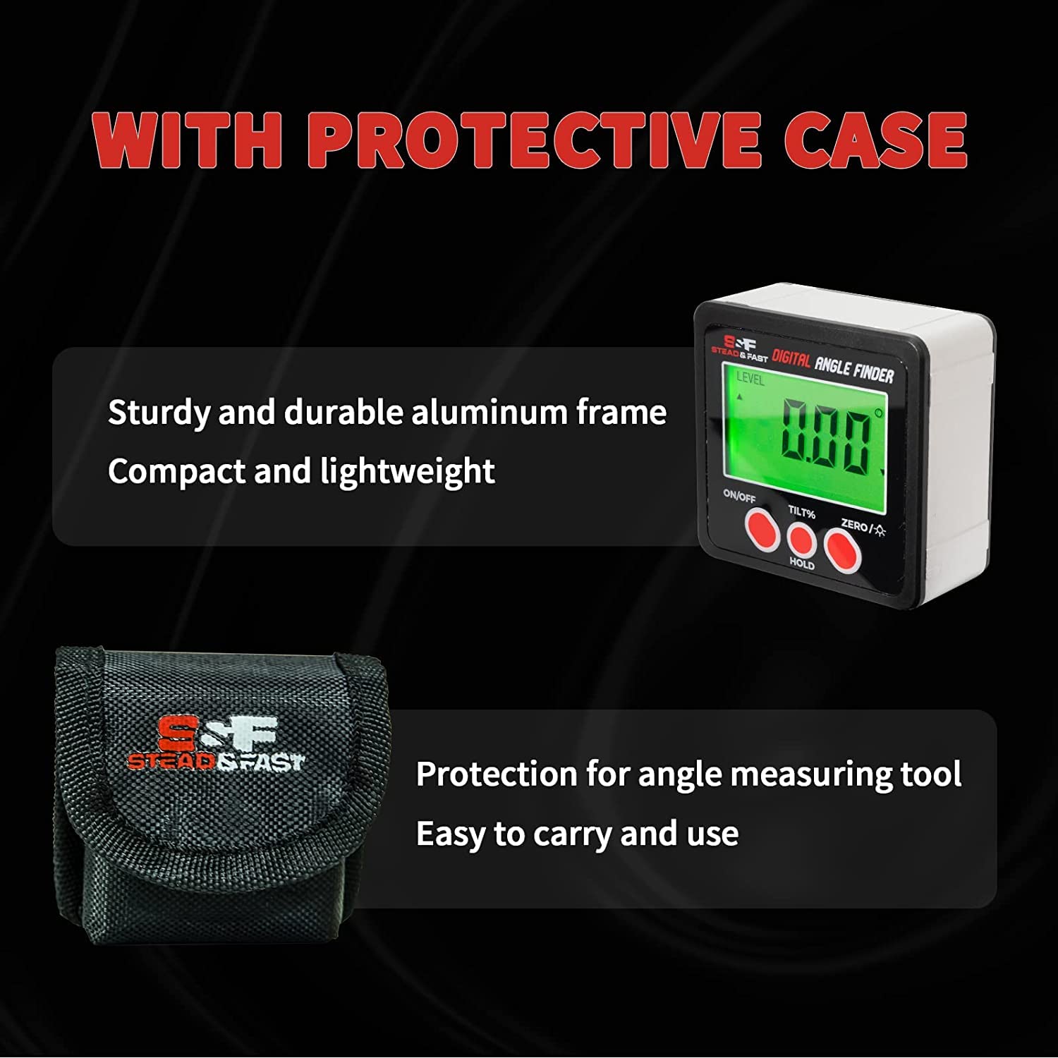 IP54-rated digital angle finder resists dust and water for jobsite use.