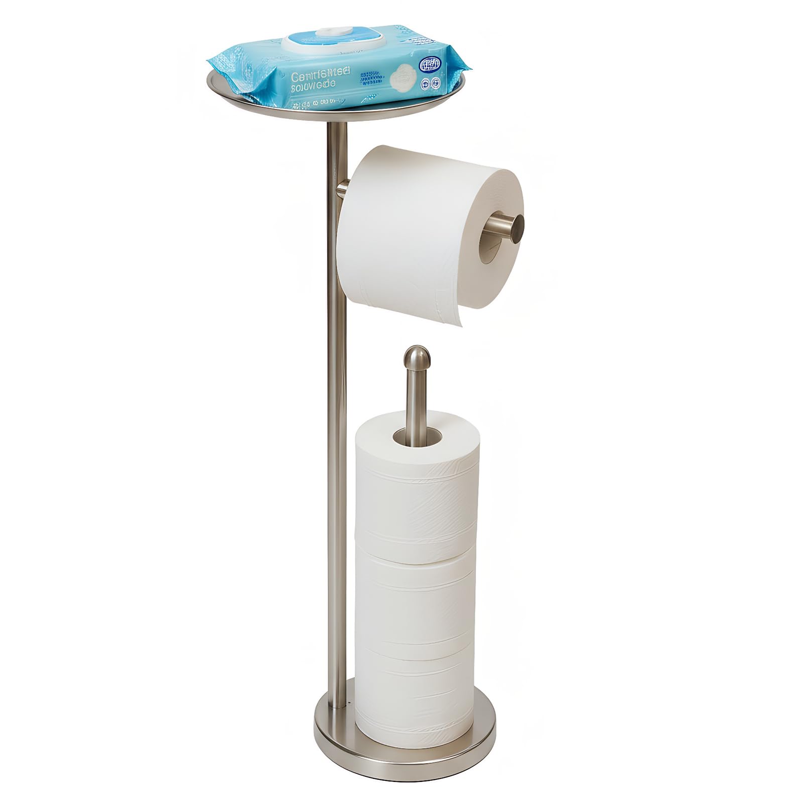 Sfemn freestanding toilet paper holder with shelf in brushed nickel keeps essentials within reach.