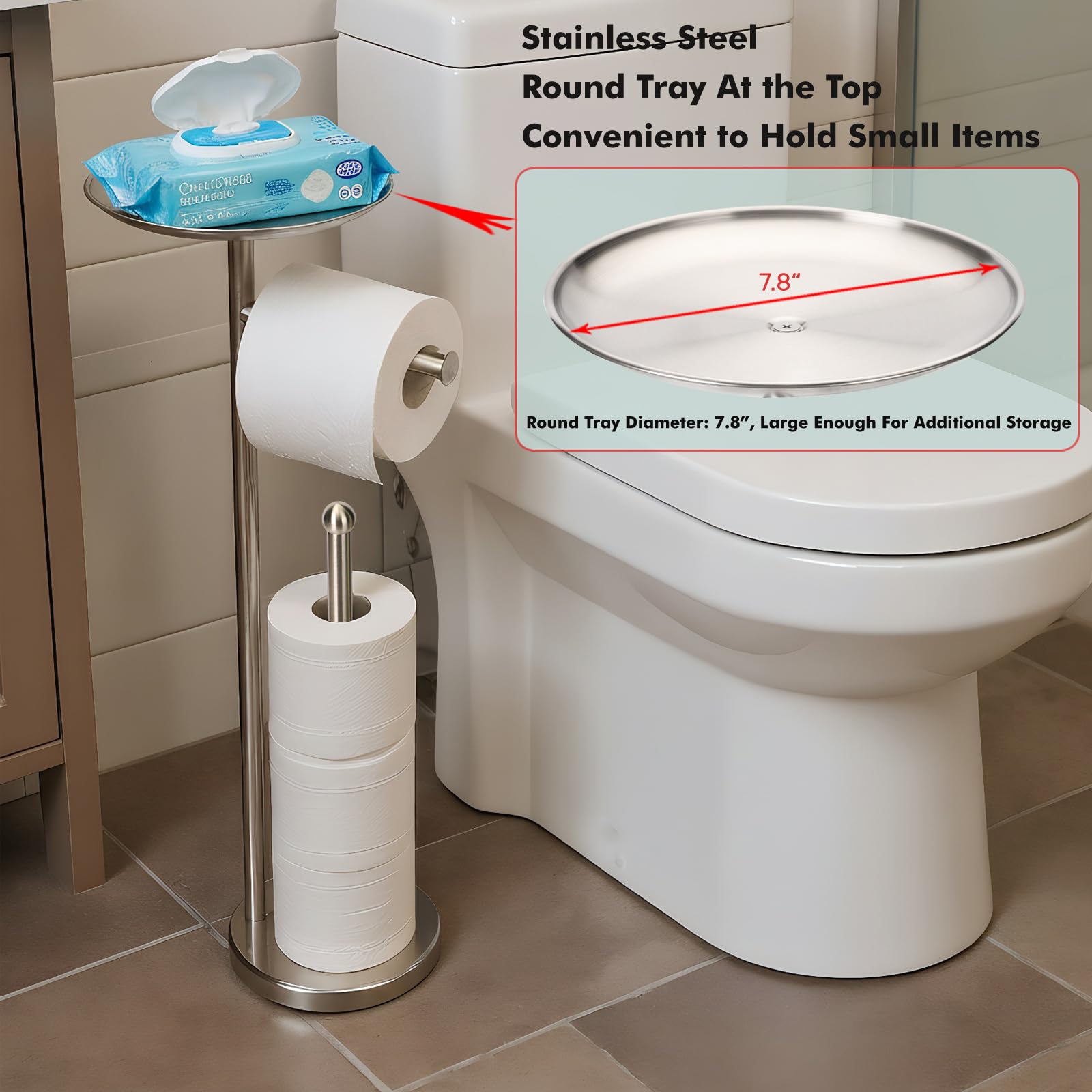 Sfemn toilet paper stand stores four extra rolls for uninterrupted use.