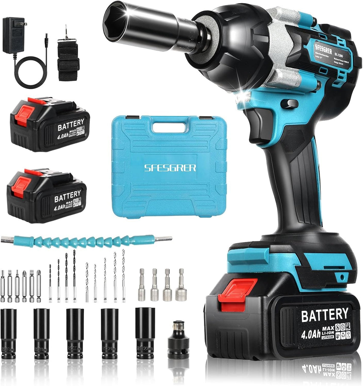 SFESGRER cordless impact wrench 1040Nm torque for stubborn bolts and big jobs.