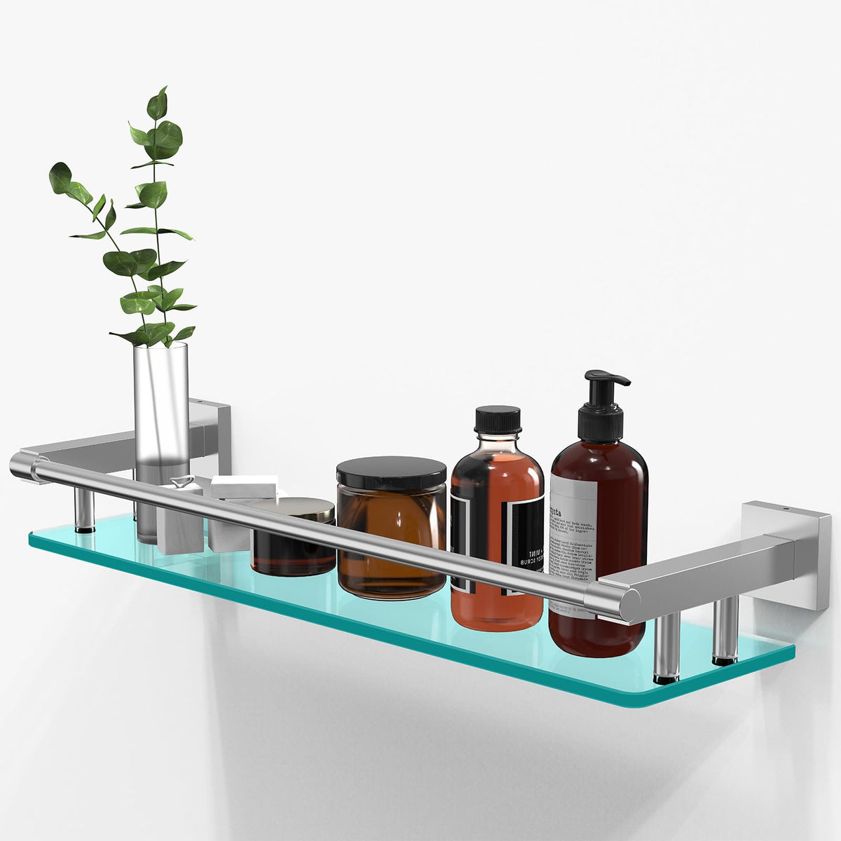 SFGSOWOR 20-inch glass shelf on wall with brushed nickel rail for bathroom storage