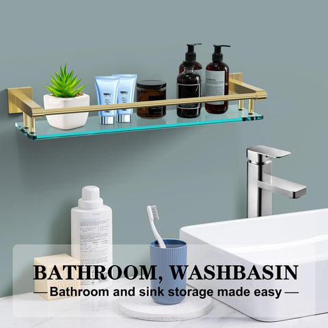 SFGSOWOR floating glass shelf over toilet demonstrates space-saving design.