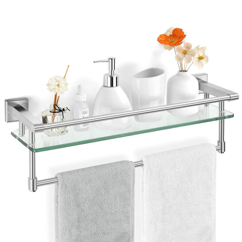 SFGSOWOR glass shelf with towel bar for stylish bathroom storage and quick towel access