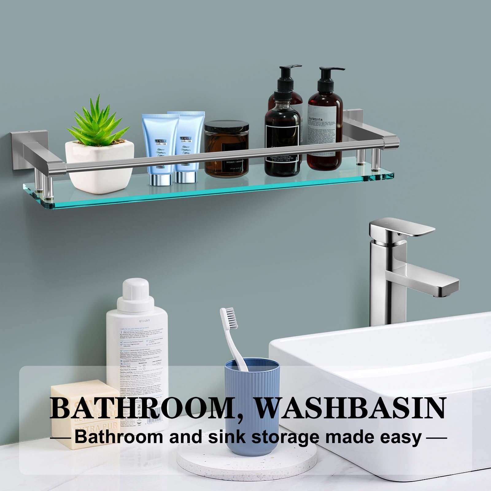 SFGSOWOR modern glass shelf with stainless steel rail for small apartments