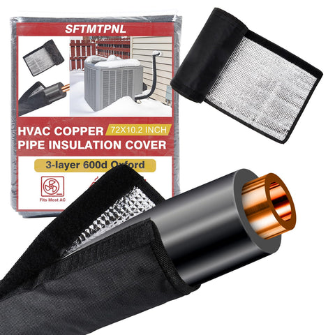 SFTMTPNL insulation wrap protects outdoor HVAC copper pipes from sun and rain