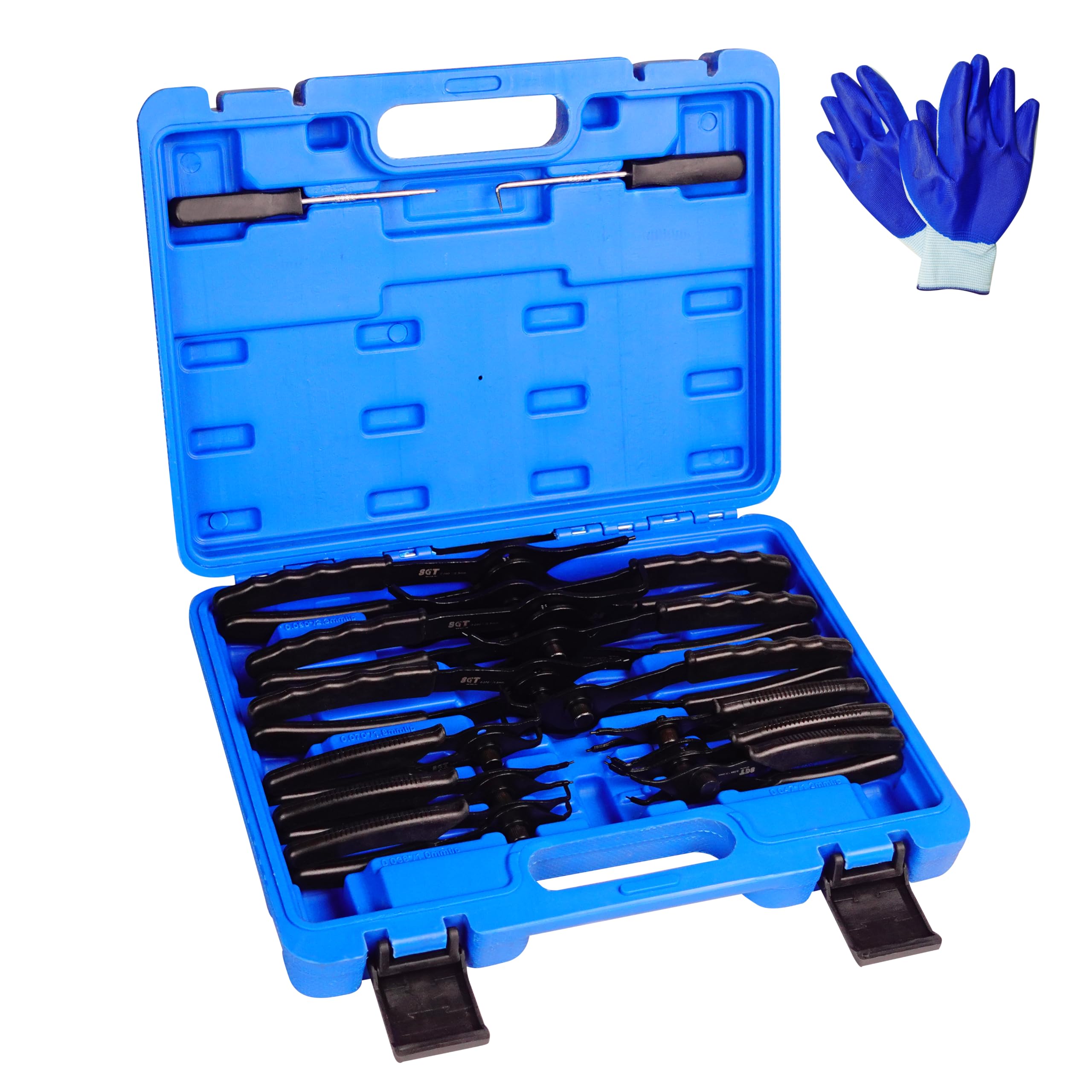 SGT Snap Ring Pliers set includes pick hook gloves case for organization