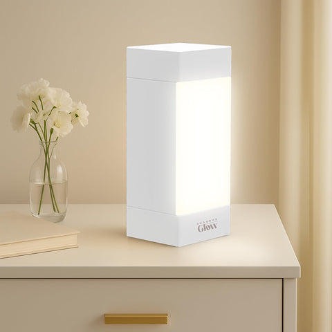Shabbos Glow Square Lamp white base view for compact room lighting.