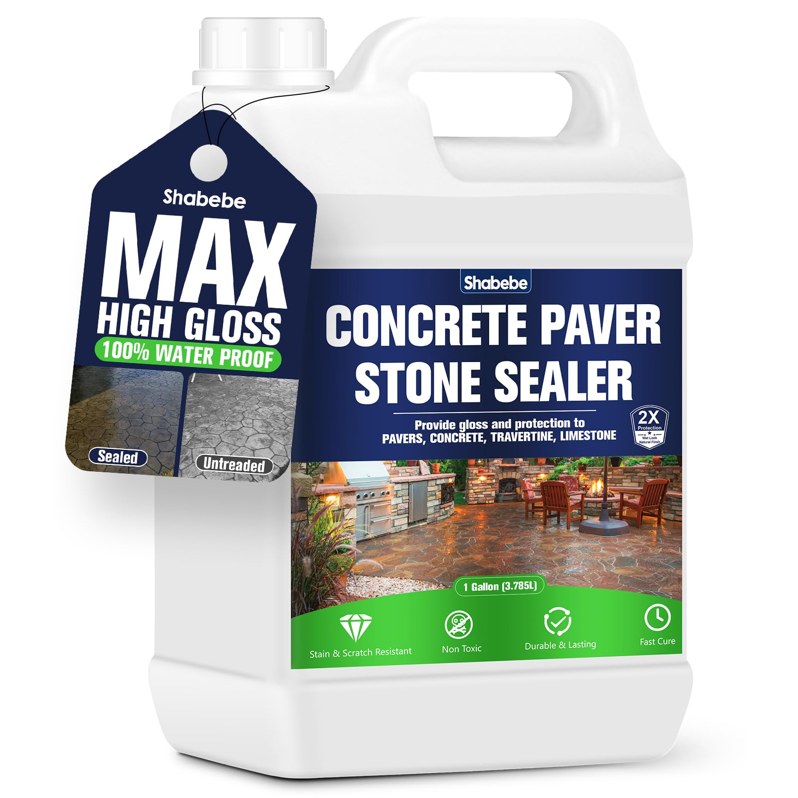 Shabebe Premium Stone Sealer bottle close-up highlighting wet-look protection for outdoor stone surfaces
