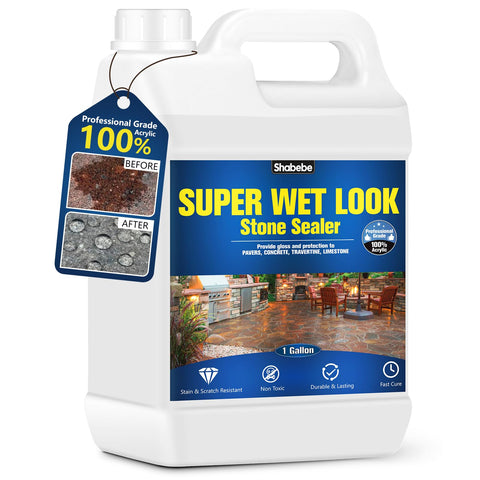 Shabebe Super Wet Look Stone Sealer bottle shows a durable glossy finish