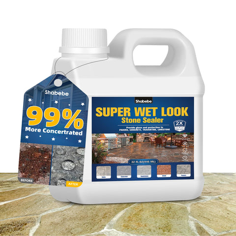 Shabebe Wet-Look Stone Sealer bottle provides glossy outdoor protection for stone.