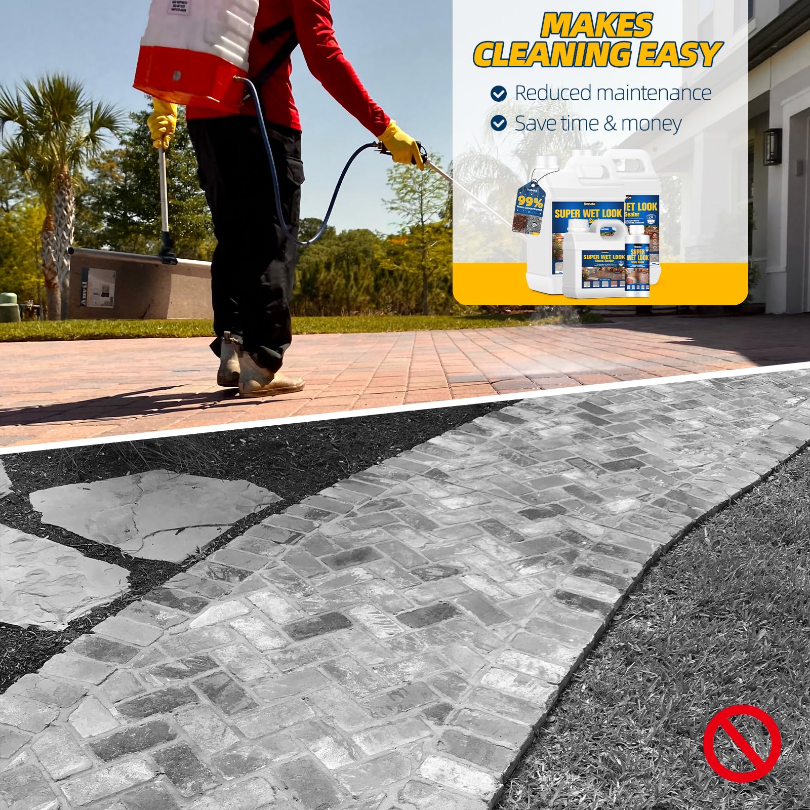 Shabebe Wet-Look Sealer spray demonstrates quick, even coverage on stone surfaces.