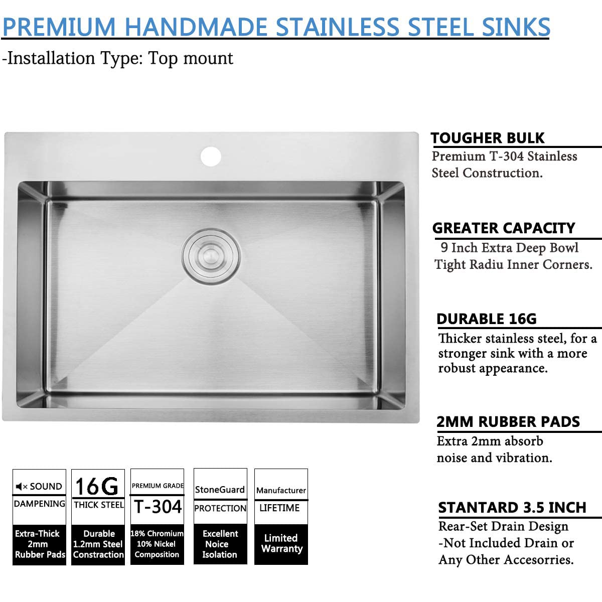 SHACO 28-inch drop-in sink interior bowl showing ample washing space
