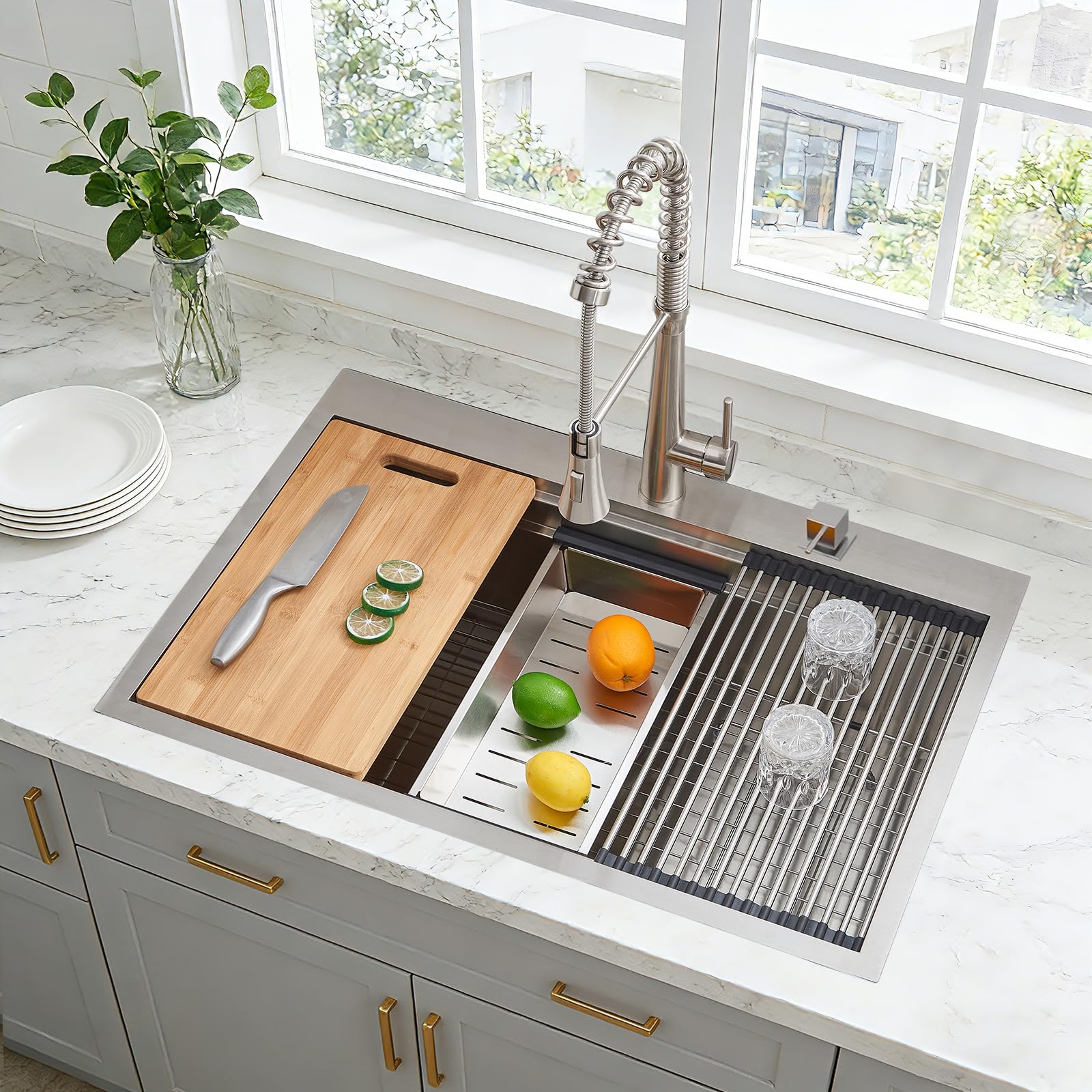 SHACO 33x22-inch sink with double ledges for an efficient workstation setup.