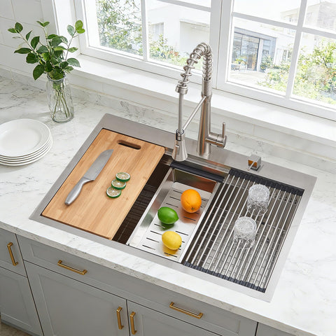 SHACO 33x22-inch sink with double ledges for an efficient workstation setup.