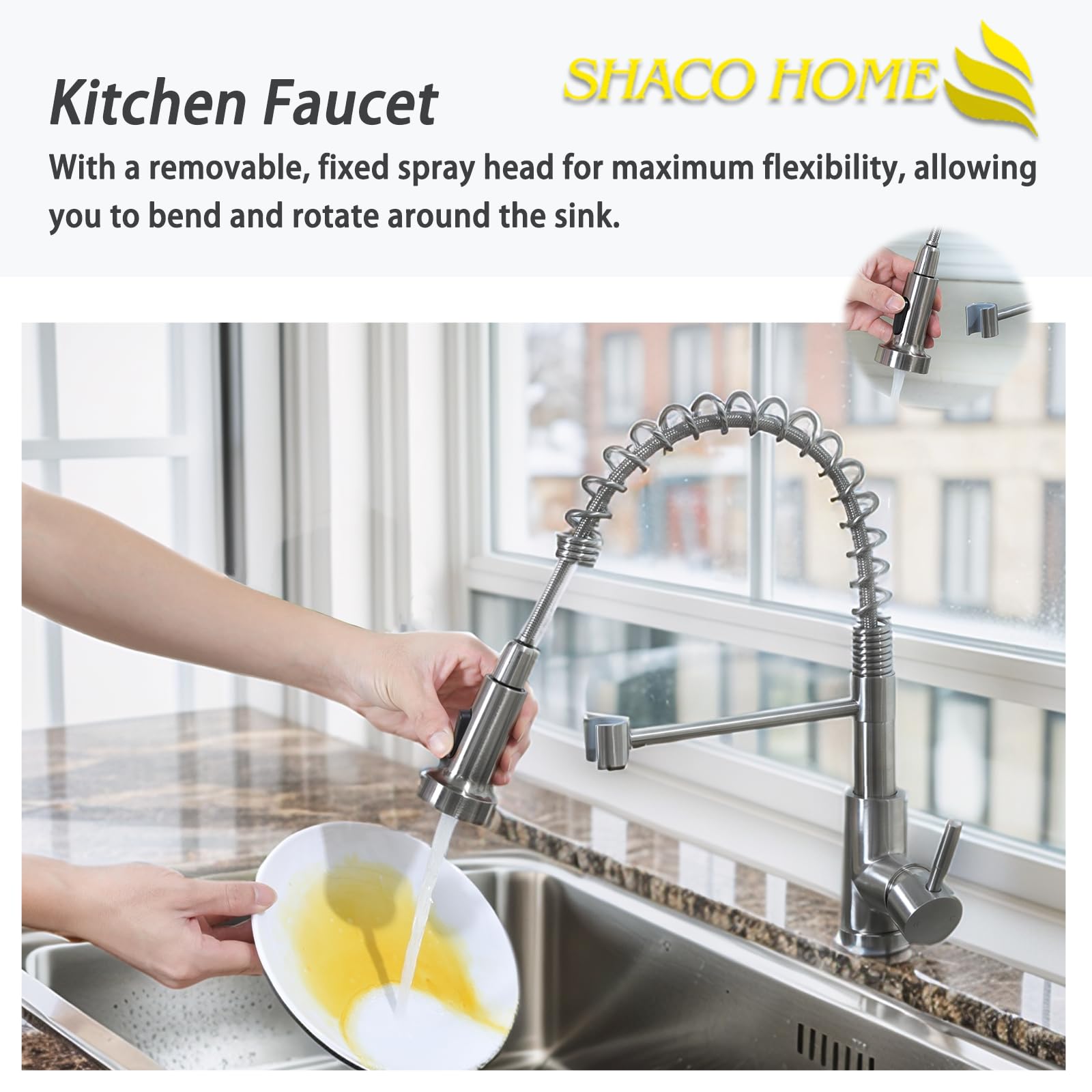 SHACO commercial-style spring spout for durable, flexible reach.