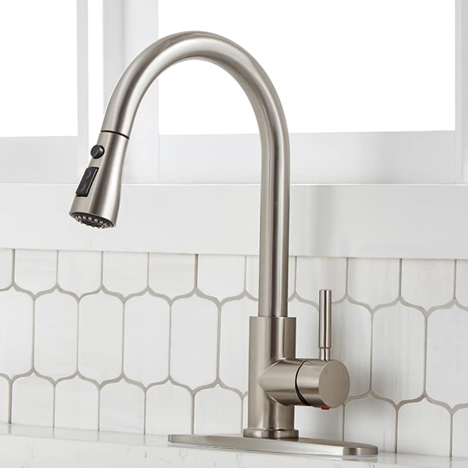 SHACO kitchen faucet pull-down sprayer in brushed nickel enables versatile sink cleaning
