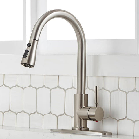SHACO kitchen faucet pull-down sprayer in brushed nickel enables versatile sink cleaning