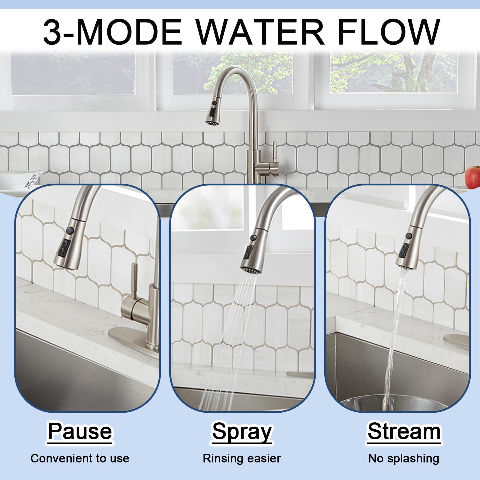 SHACO spray head settings illustrate stream, spray, and pause modes