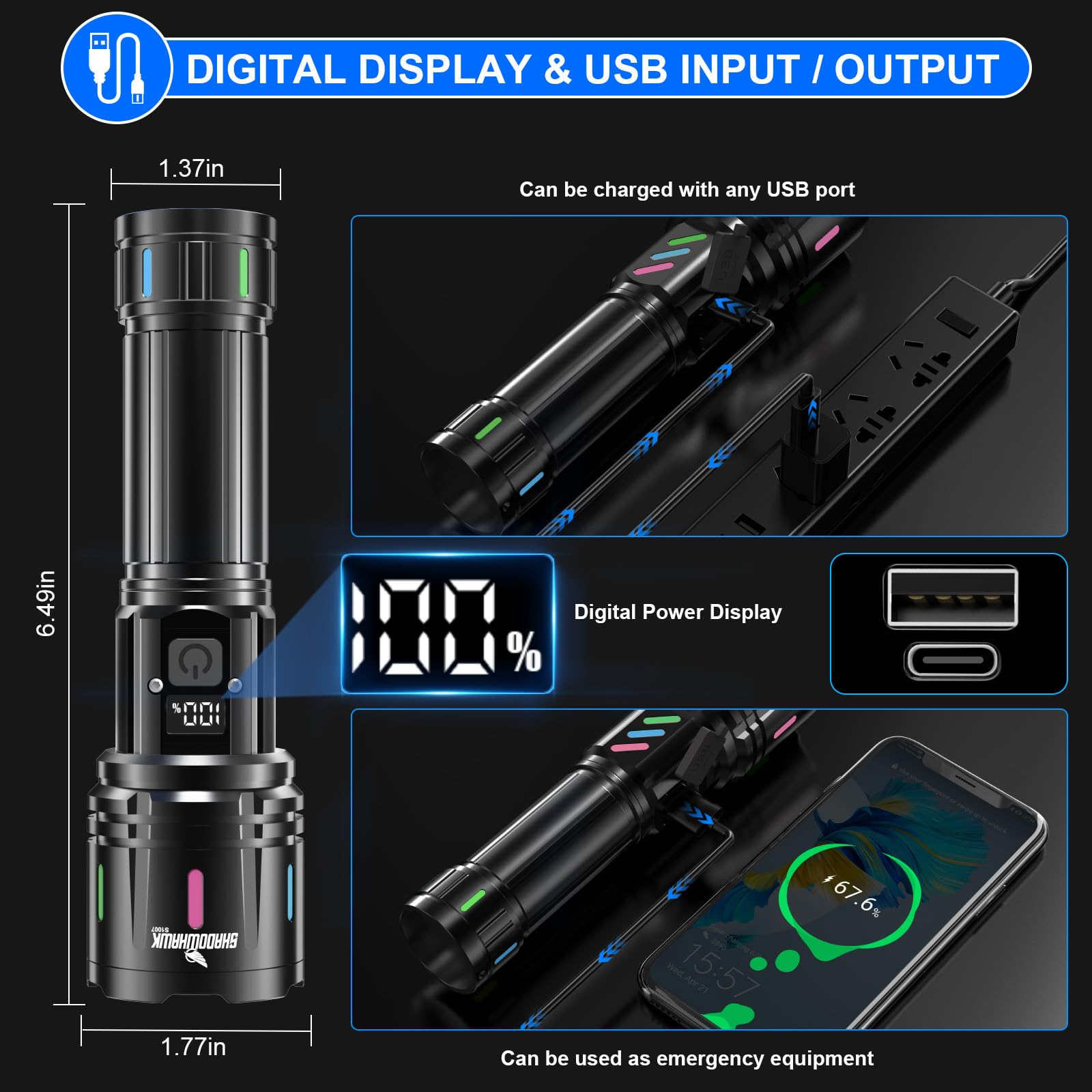 Shadowhawk S1007 LCD display close-up shows battery percentage for planning recharges.