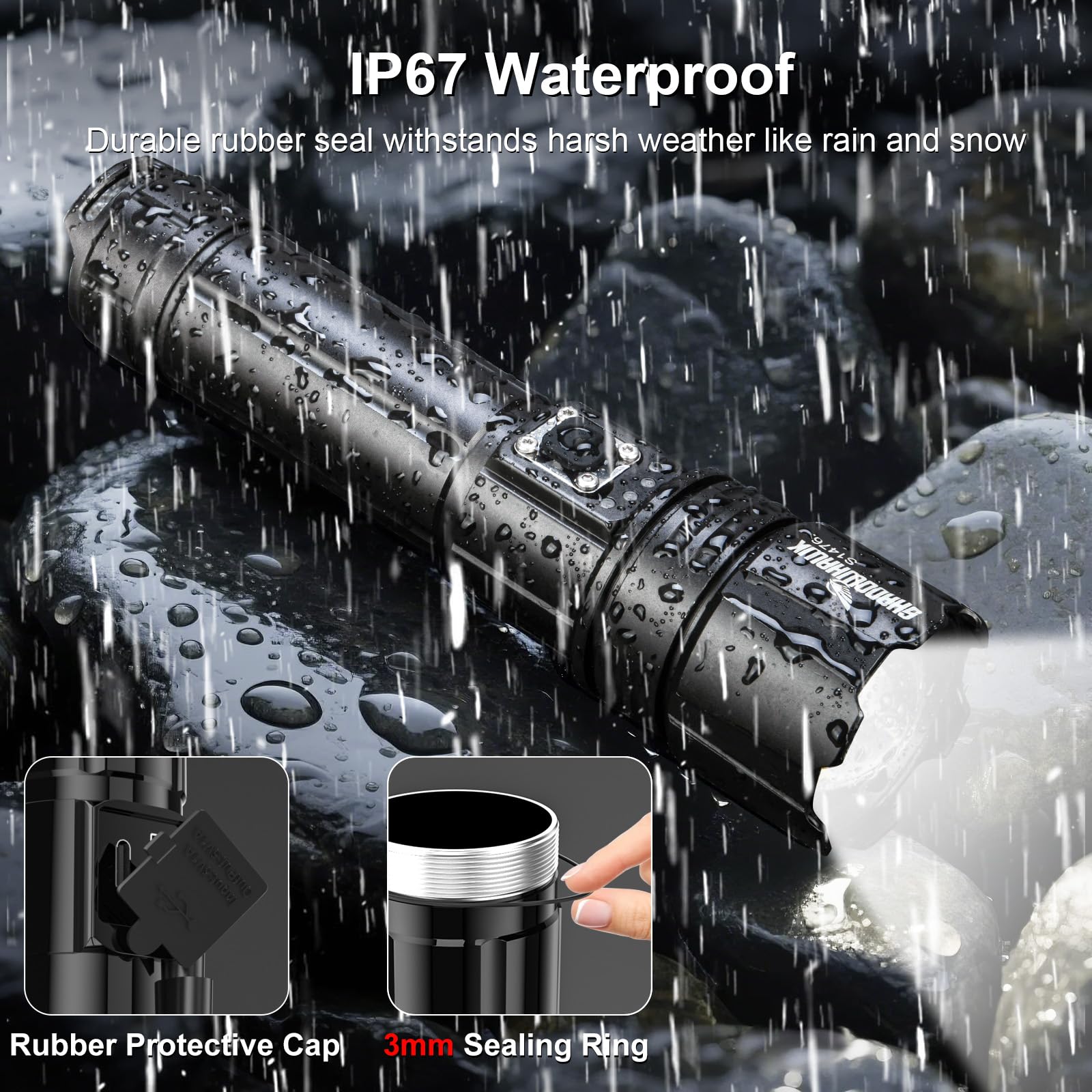 Shadowhawk S1476 IP67 rating visual communicates weatherproof reliability in rain.
