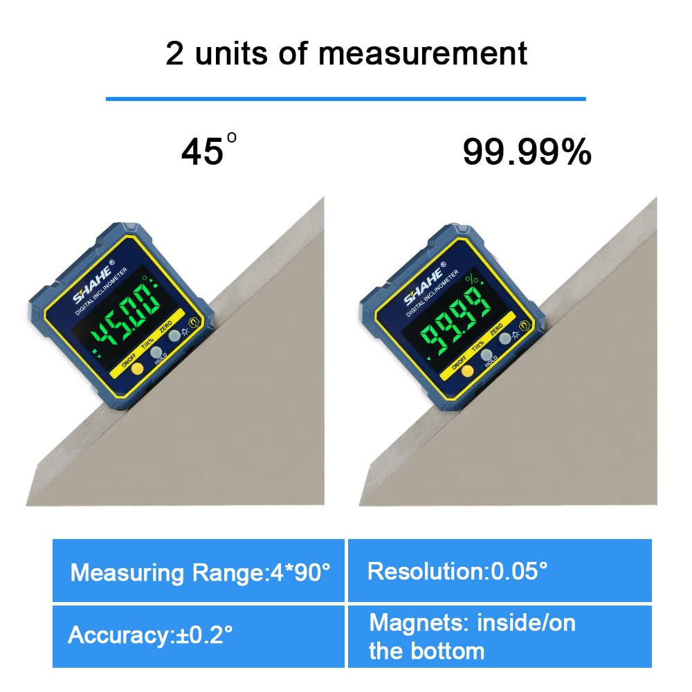 SHAHE inclinometer with HOLD and ZERO for quick relative angle setup