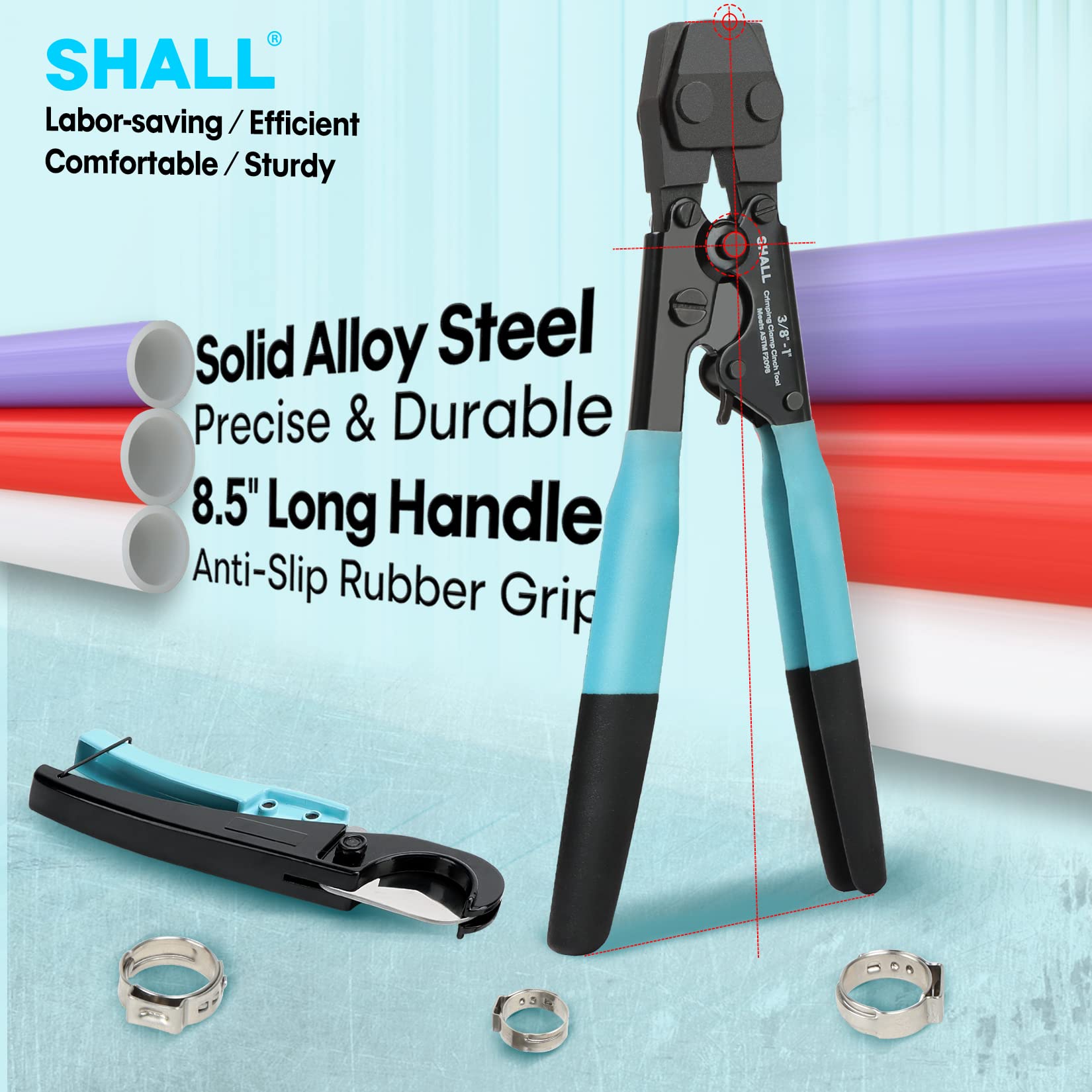 SHALL 1-2 inch stainless steel clamps showcased for universal compatibility.