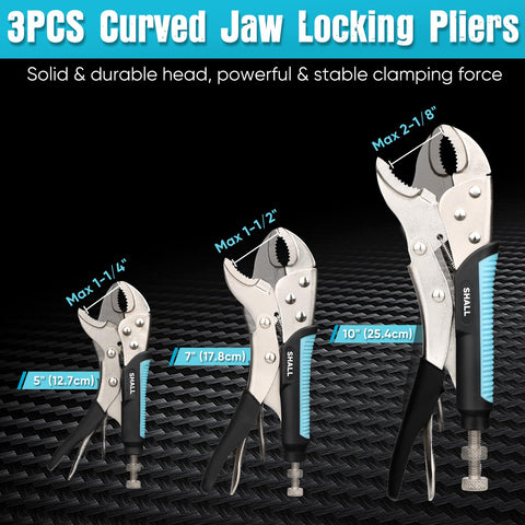 SHALL 10-inch curved jaw locking pliers reach stubborn components.