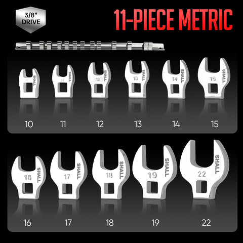 11-piece metric crowfoot wrenches covering 10–22 mm for versatile fastener work.